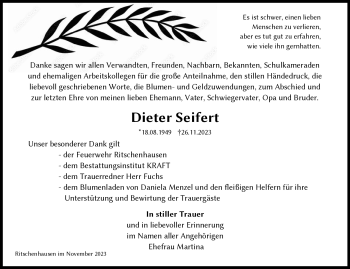 Traueranzeige von Dieter Seifert von Südthüringer Presse