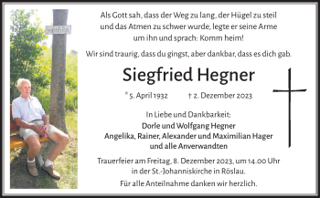 Traueranzeige von Siegfried Hegner von Frankenpost