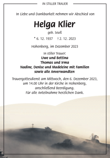 Traueranzeige von Helga Klier von Frankenpost