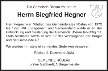Traueranzeige von Siegfried Hegner von Frankenpost