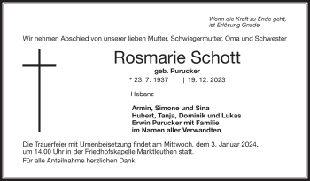 Traueranzeige von Rosmarie Schott von Frankenpost