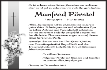 Traueranzeige von Manfred Pörstel von Südthüringer Presse