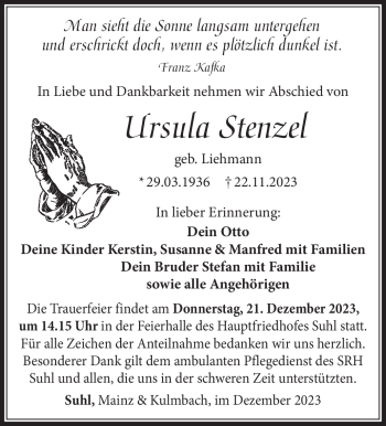 Traueranzeige von Ursula Stenzel von Südthüringer Presse