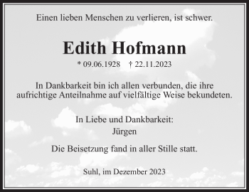 Traueranzeige von Edith Hofmann von Südthüringer Presse