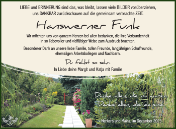 Traueranzeige von Hanswerner Funk von Südthüringer Presse