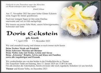 Traueranzeige von Doris Eckstein von Südthüringer Presse