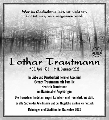 Traueranzeige von Lothar Trautmann von Südthüringer Presse