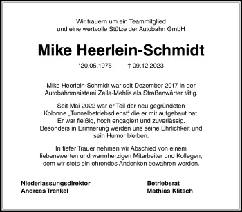 Traueranzeige von Mike Heerlein-Schmidt von Südthüringer Presse