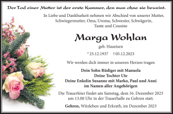 Traueranzeige von Marga Wohlan von Südthüringer Presse