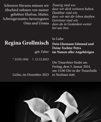 Traueranzeige von Regina Grollmisch von Südthüringer Presse