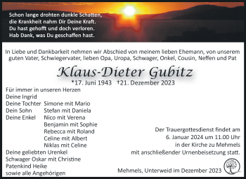 Traueranzeige von Klaus-Dieter Gubitz von Südthüringer Presse