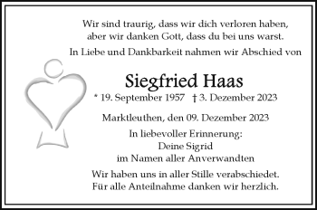 Traueranzeige von Siegfried Haas von Frankenpost