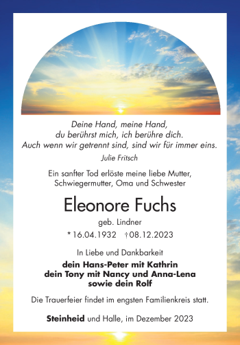 Traueranzeige von Eleonore Fuchs von Südthüringer Presse