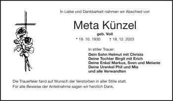 Traueranzeige von Meta Künzel von Frankenpost