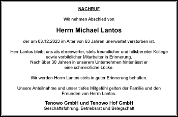 Traueranzeige von Michael Lantos von Frankenpost