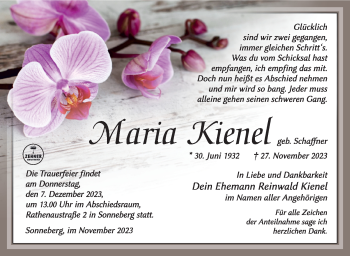 Traueranzeige von Maria Kienel von Südthüringer Presse