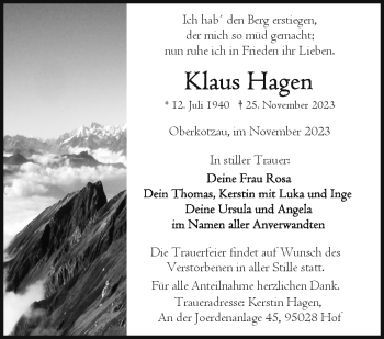 Traueranzeige von Klaus Hagen von Frankenpost