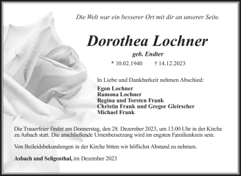 Traueranzeige von Dorothea Lochner von Südthüringer Presse