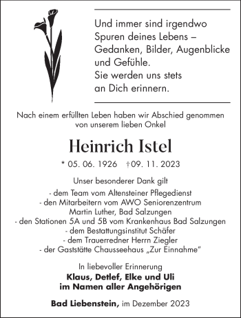 Traueranzeige von Heinrich Istel von Südthüringer Presse