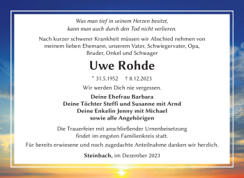 Traueranzeige von Uwe Rohde von Südthüringer Presse