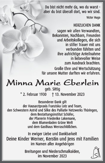 Traueranzeige von Minna Eberlein von Südthüringer Presse