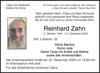 Traueranzeige von Reinhard Zahn von Frankenpost
