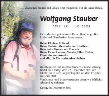 Traueranzeige von Wolfgang Stauber von Südthüringer Presse