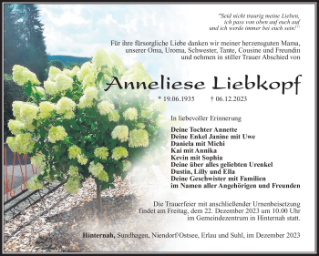 Traueranzeige von Anneliese Liebkopf von Südthüringer Presse