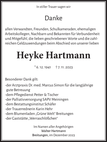 Traueranzeige von Heyke Hartmann von Südthüringer Presse