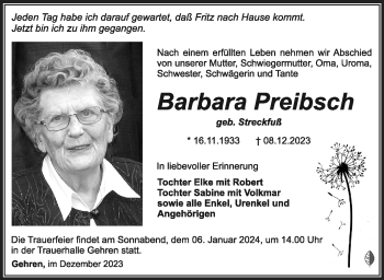 Traueranzeige von Barbara Preibsch von Südthüringer Presse