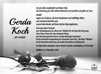 Traueranzeige von Gerda Koch von Südthüringer Presse