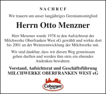 Traueranzeige von Otto Menzner von Neue Presse Coburg