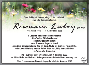 Traueranzeige von Rosemarie Ludwig von Südthüringer Presse