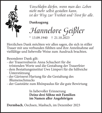Traueranzeige von Hannelore Geißler von Südthüringer Presse