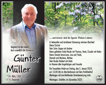 Traueranzeige von Günter Müller von Südthüringer Presse