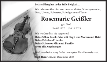 Traueranzeige von Rosemarie Geißler von Südthüringer Presse