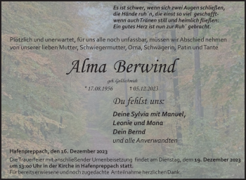 Traueranzeige von Alma Berwind von Neue Presse Coburg