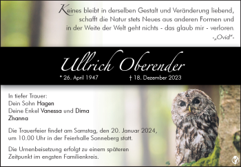 Traueranzeige von Ullrich Oberender von Südthüringer Presse