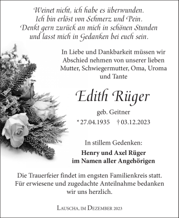 Traueranzeige von Edith Rüger von Südthüringer Presse