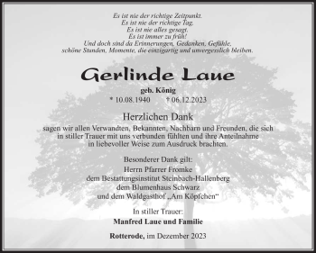 Traueranzeige von Gerlinde Laue von Südthüringer Presse