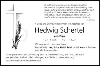 Traueranzeige von Hedwig Schertel von Frankenpost
