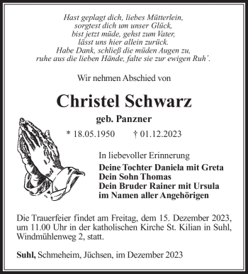 Traueranzeige von Christel Schwarz von Südthüringer Presse
