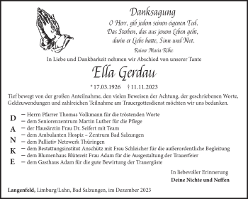 Traueranzeige von Ella Gerdau von Südthüringer Presse