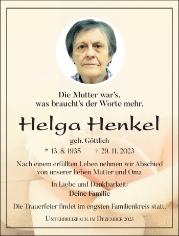 Traueranzeige von Helga Henkel von Südthüringer Presse