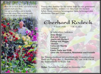 Traueranzeige von Eberhard Rodeck von Südthüringer Presse