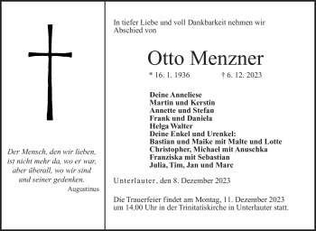 Traueranzeige von Otto Menzner von Neue Presse Coburg