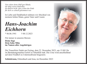 Traueranzeige von Hans-Joachim Eichhorn von Südthüringer Presse