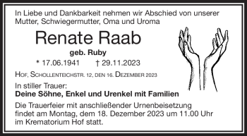 Traueranzeige von Renate Raab von Frankenpost