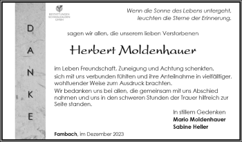 Traueranzeige von Herbert Moldenhauer von Südthüringer Presse