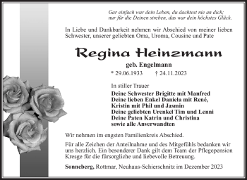 Traueranzeige von Regina Heinzmann von Südthüringer Presse